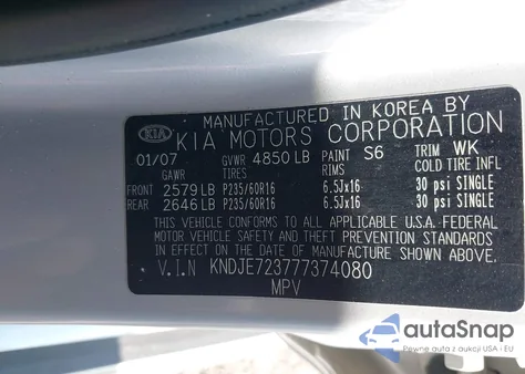 2007 Kia Sportage Ex V6/Lx V6 z USA, uszkodzony, nr VIN KNDJE723777374080